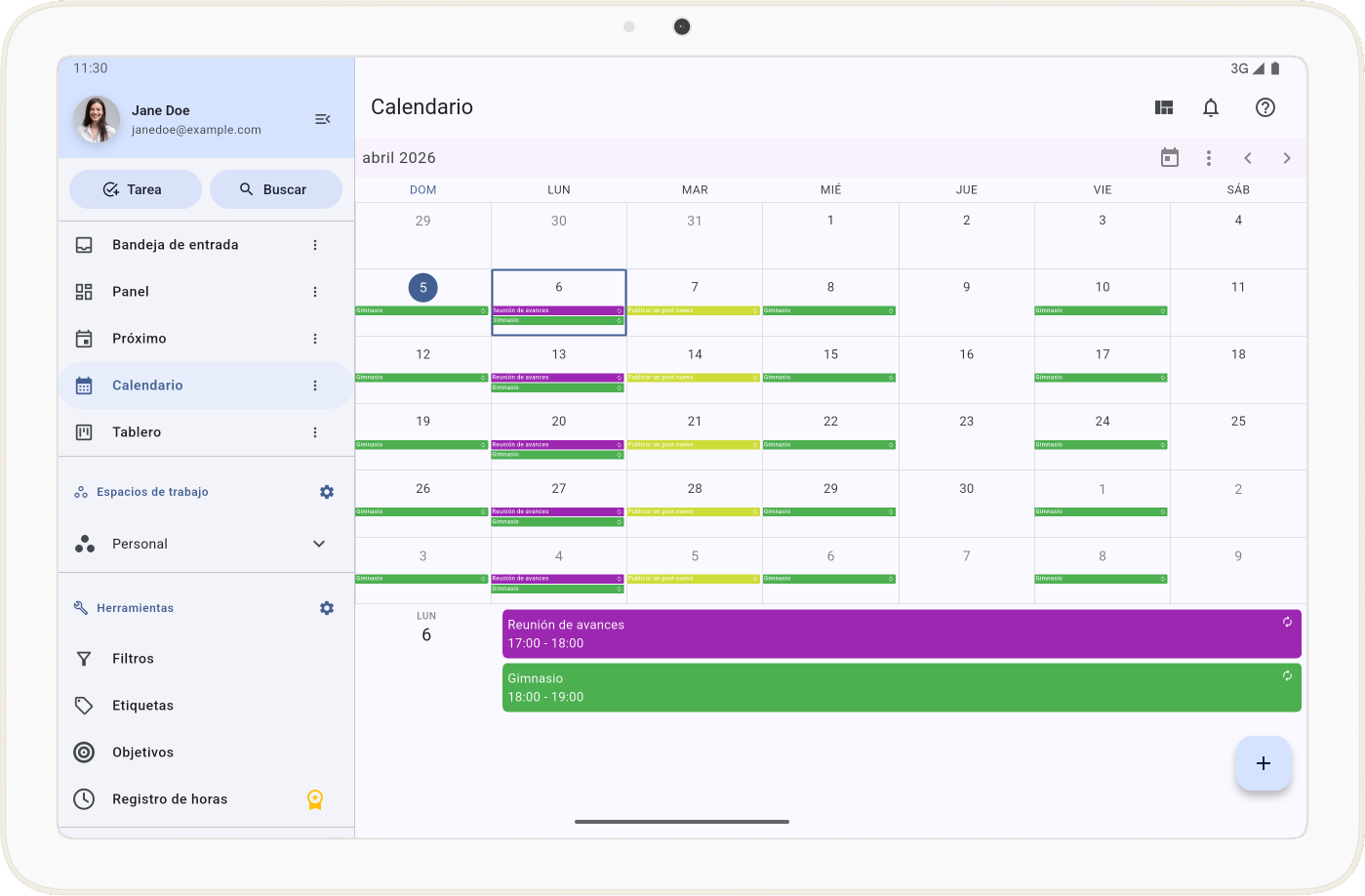 Vista de calendario en Tarea Cero